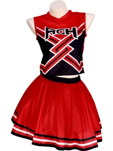 Ensemble de Costume Cosplay de Pom-Pom Girl pour Femme Rouge Noir Contraste Col en V Crop Top Jupe Plissée Tenue de Scène