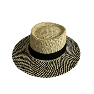 Women flat top straw hat with black ribbon and wide spiral brim summer sun protection beach cap
