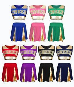 Cheerleading costume detail view, crop top and pleated skirt set, various colors available.