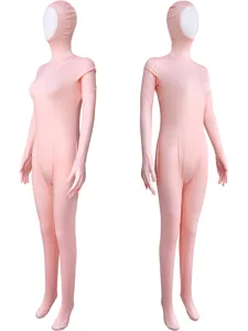 Pink full body zentai suit open face stretch spandex bodysuit for stage performance.