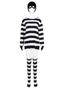 Halloween Dieb Cosplay Kostüm Set mit schwarz weiß gestreiftem Oberteil, Mütze und Socken.
