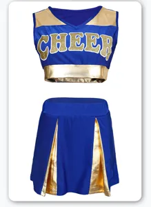 Detailed view of the blue and gold cheerleading uniform crop top and pleated skirt set.