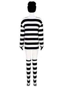 Halloween Dieb Kostüm Set Langarm schwarz weiß gestreift Oberteil Mütze Socken Damen.