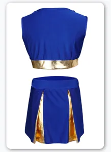 Blue and gold cheerleading costume set, sleeveless crop top and pleated skirt for dance.