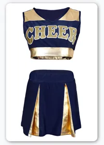 Kids cheerleading dance costume set blue gold crop top pleated skirt performance outfit