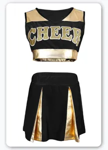 Details view of the stylish black and gold cheerleading costume top and skirt set.
