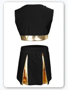 Black and gold cheerleading outfit for women, sleeveless crop top and pleated performance skirt.