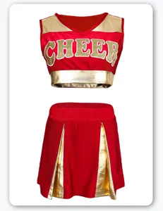 Red and gold cheerleader costume detail showing the crop top and pleated skirt design.