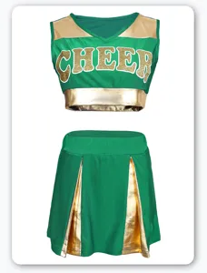 Green and gold cheerleading uniform set featuring a cropped top and pleated skirt details.