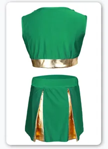 Back view detail of green and gold cheerleading uniform crop top and pleated skirt set.