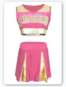 Pink gold cheerleading uniform set with crop top and pleated skirt for dance performance.
