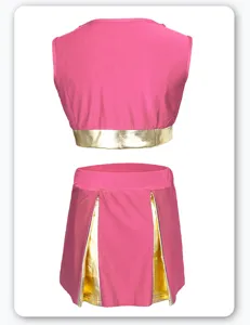 Pink and gold cheerleading costume set, sleeveless crop top and pleated skirt for dance.