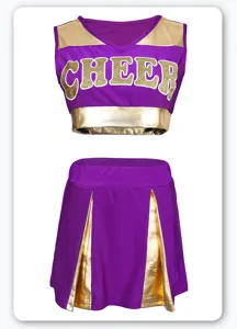 Purple and gold cheerleader costume set featuring crop top and pleated skirt with glitter text.