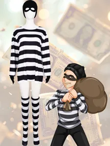 Halloween Dieb Cosplay Kostüm Langarm Gestreiftes Oberteil Hut Handschuhe Socken Set Erwachsene Party Bühne Performance Anzug