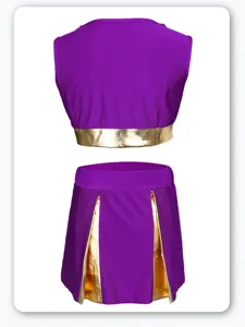 Purple gold cheerleading costume set, dance performance crop top and pleated skirt for girls.