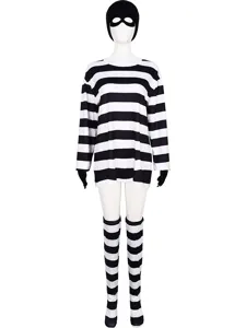 Halloween Dieb Cosplay Kostüm langarm schwarz-weiß gestreiftes Set für Party und Bühne.