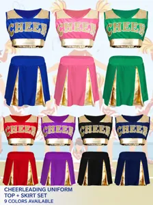 Women Cheerleading Uniform Crop Top And Pleated Skirt Set V-Neck Sleeveless Performance Dance Outfit Rhinestone Letter