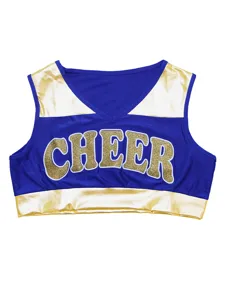 Blue and gold cheerleading crop top with glitter cheer text, sleeveless athletic V-neck outfit.