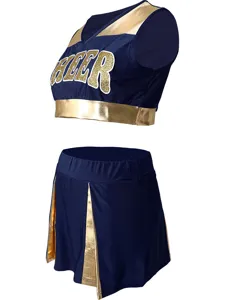 Navy blue and gold cheerleading uniform set crop top pleated skirt for women dancewear