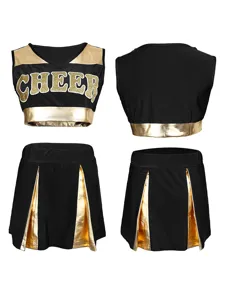 Black and gold cheerleading uniform set featuring a crop top and pleated skirt for performance.
