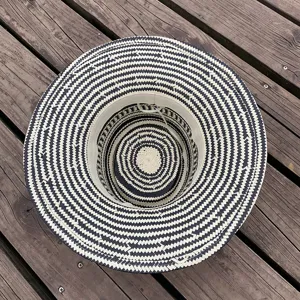 Detailed top view of the retro color-block woven straw sun hat, showing interior brim structure.