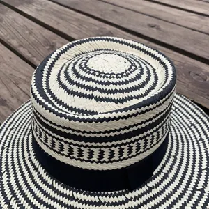 Detailed close-up view of a stylish black and white woven straw hat with a black ribbon.