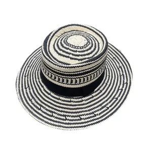 Vintage Raffia Straw Hat Flat Top Wide Brim Sun Hat Black White Color Block Panamania Fedora Beach Ribbon Sunhat For Women
