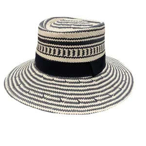 Women's retro chevron woven straw hat with black ribbon stylish summer sun beach hat