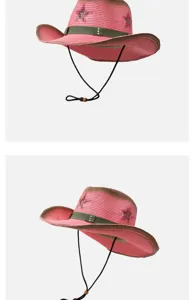 Rosa Stroh Cowboyhut mit gruenem Band und Sternenmuster fuer Damen Sommer Sonnenschutz