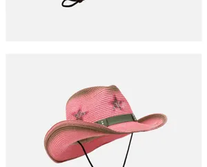 Rosa Stroh-Cowboyhut mit grünem Band und Sternmuster, Detailansicht für Sonnenschutz im Freien.