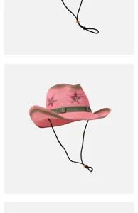 Rosa Stroh Western Cowboyhut für Damen, breite Krempe Sonnenschutz mit Sternen und Kinnriemen.