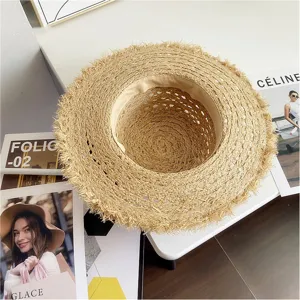 Mujer Sombrero de Paja Verano Hueco Rafia Tapa Plana Flecos Playa Sol Vacaciones Sombrero