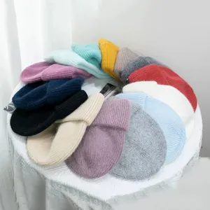 Warme Winter Strickmütze aus weichem Angorakaninchenfell, dicke einfarbige Damen Outdoor Mütze.