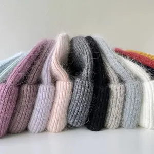 Gemütliche Angora-Kaninchenfell-Mütze für den Winter, dicke warme Rippstrickmütze Damen.