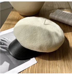 Damen Wolle Baretmuetze mit Lederkrempe Retro Baker Boy Mütze Herbst Winter warme Schirmmuetze