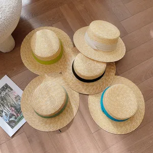 Women flat top straw hat summer sun protection beach hat stylish ribbon detail straw boater hat