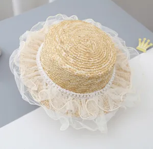 Kinder Leuke Stro Zonnenhoed Parel Mesh Strik Platte Top Strandhoed Zomer Outdoor Zonnebescherming Voor Peuter Baby
