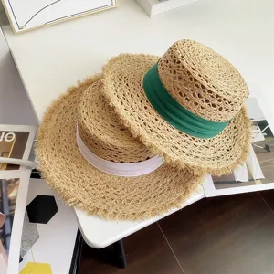 Sombrero de paja de verano para mujer Flecos Raffia Tapa plana Playa Sombrero de sol Elegante