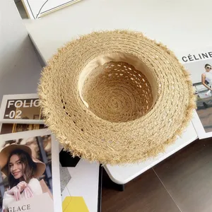 Sombrero de Paja para Mujer Verano Rafia Flecos Playa Sombrero de Sol Plano Anti UV