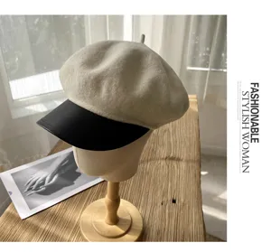 Damen Wollmütze mit Lederkrempe Herbst Winter Vintage Schiebermütze elegante Kopfbedeckung