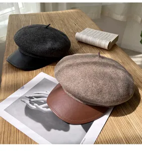 Wollmütze mit Lederschirm für Damen, Vintage Herbst Winter Achteckige Mütze.