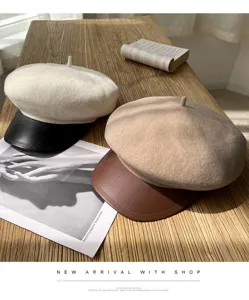 Damen Wolle Baret Hut mit Lederkrempe Retro Oktogonal Newsboy Mütze für Herbst Winter