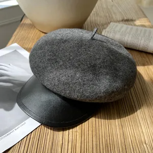 Damen Wollberet mit Lederschirm Herbst Winter Retro Bakerboy Mütze und eleganter Hut