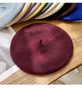 Boina clásica de lana para mujer, sombrero de pintor vintage de color sólido, gorro cálido otoño