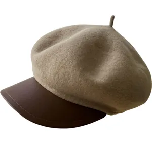 Damen Woll Baret Schiebermütze mit Lederschirm Retro Herbst Winter Mode Hut stilvoll