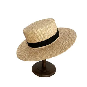 Eleganter Damen Sommer Strohhut flache Oberseite schwarzes Band Strand Sonnenschutz