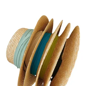 Women's Retro Flat Top Straw Hat Summer Sun Protection Beach Hat with Colorful Ribbon