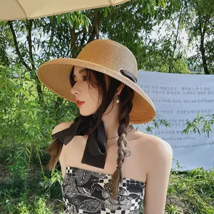 Cappello di paglia a tesa larga da donna estate spiaggia protezione solare stile Hepburn nastro