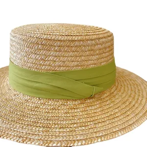 Retro flat top straw hat for women summer sun protection beach hat with green ribbon band