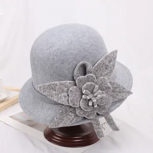 Grijs wollen koepelhoed met 3d bloem elegante winter warme bolhoed voor dames mode